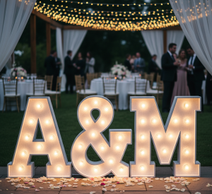 Iniciais para boda de corcho branco iluminado.
