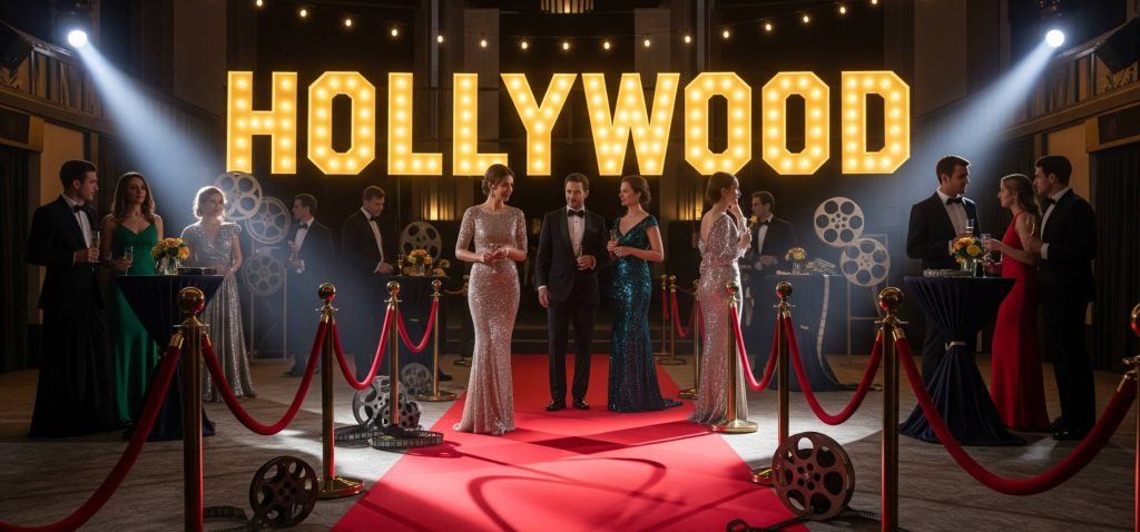 Letras gigantes de poliestireno (esferovite) estilo cinema de Hollywood, com lâmpadas incandescentes que se iluminam, ideal para eventos e decorações temáticas.