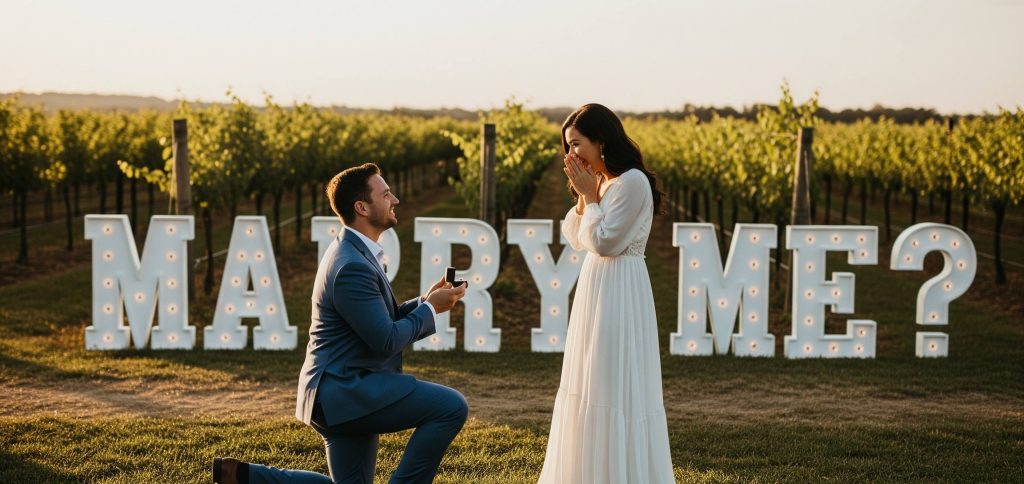 Homem a fazer um pedido de casamento a uma mulher com letras XXL iluminadas a dizer "MARRY ME?" num vinhedo ao pôr do sol, capturando um momento romântico de noivado.