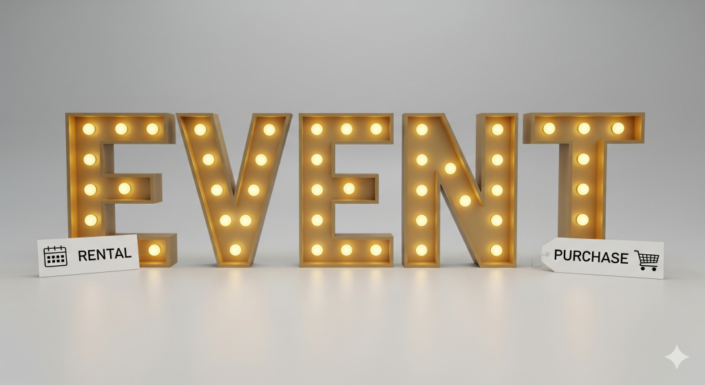 Letras luminosas formando a palavra "EVENT" com etiquetas de "RENTAL" (aluguer) e "PURCHASE" (compra), ilustrando a decisão entre aluguer ou compra de letras para eventos.