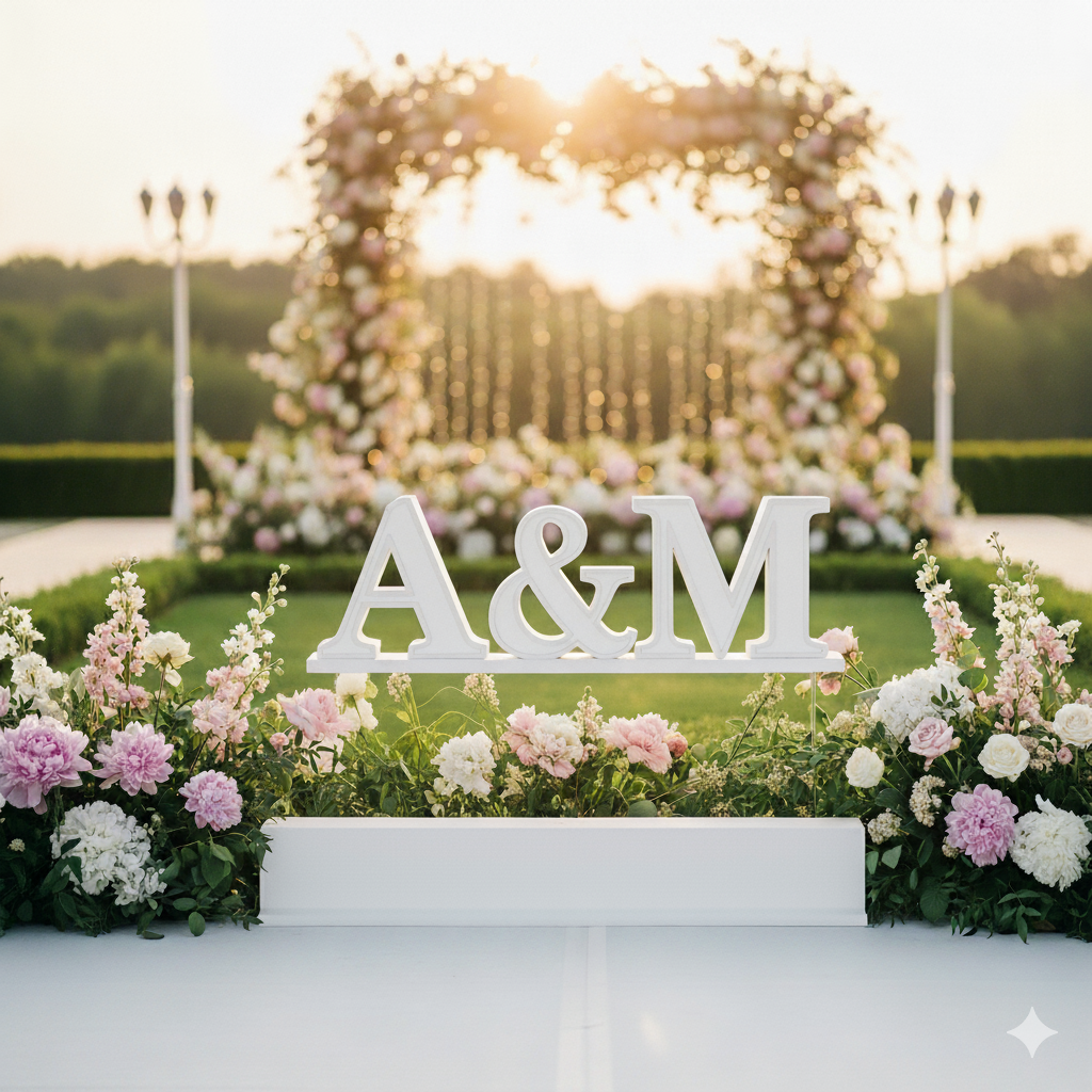 Iniciais "A & M" brancas em letras para casamentos de poliestireno liso, decorando um cenário exterior de cerimónia com flores.