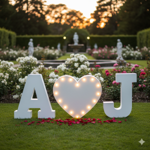 Letras "A" e "J" em poliestireno branco com um coração luminoso central, colocadas num jardim de rosas, perfeito para decoração de casamento ou eventos com letras luminosas.