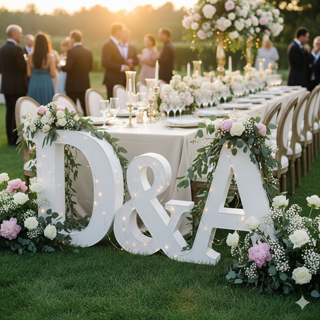 Iniciais D&A de letras de corcho branco decoradas com flores e luzes em um casamento ao ar livre.