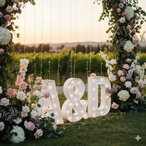 Iniciais "A & D" luminosas de letras para casamentos em poliestireno, decorando um cenário romântico ao ar livre com flores.