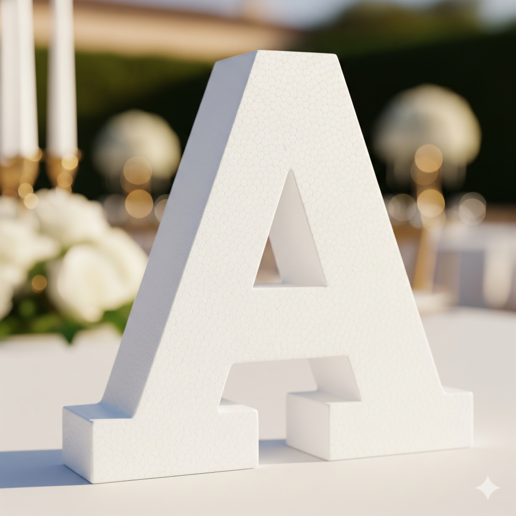 Letra "A" de poliestireno sobre mesa de casamento, destacando a qualidade das letras para wedding planners.