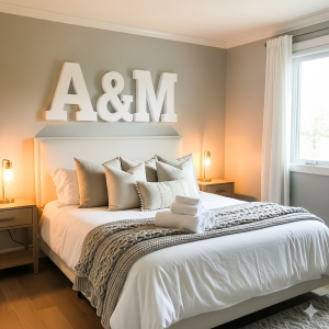 Iniciais A&M em letras de casamento reutilizadas como decoração na cabeceira de uma cama moderna.