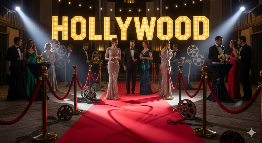 Entrada glamorosa de festa com temática de cinema, com tapete vermelho e grandes letras de cinema luminosas a dizer "HOLLYWOOD", rodeadas de convidados elegantes.