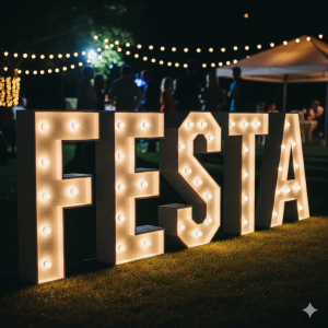 Letras grandes de esferovite (poliestireno) iluminadas formando a palavra "FESTA" em relva à noite, com luzes de festa ao fundo, ideais para aluguer ou compra de letras decorativas.