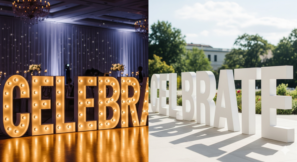 Comparação visual de letras esferovite vs letras luminosas: uma imagem mostra "CELEBRATE" luminoso num evento noturno e o mesmo em esferovite durante o dia, ilustrando as diferenças.
