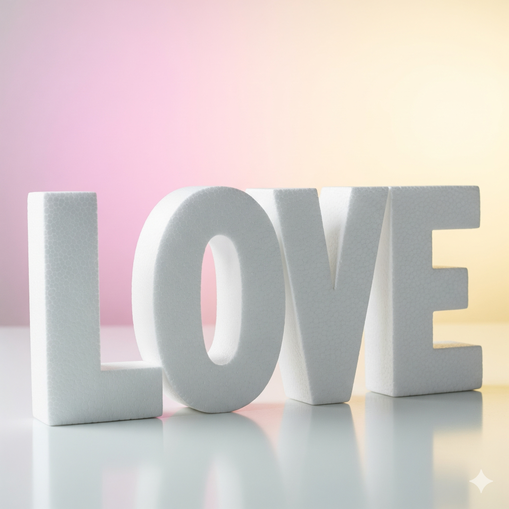 A palavra "LOVE" em letras de corcho branco em Portugal liso, com um acabamento suave e moderno, ideal para decoração.