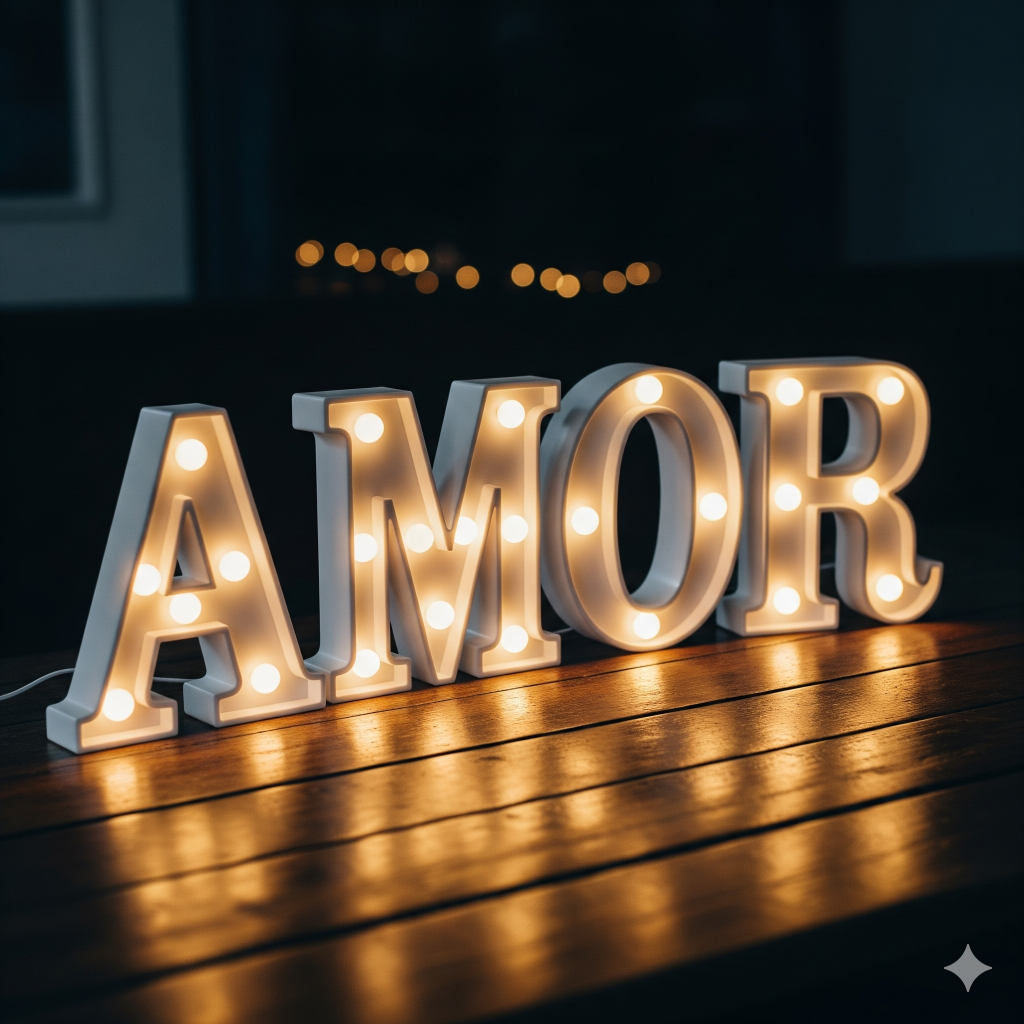Letras luminosas "AMOR" numa mesa de madeira, ideais para letras iluminadas para decoração de eventos e interiores.