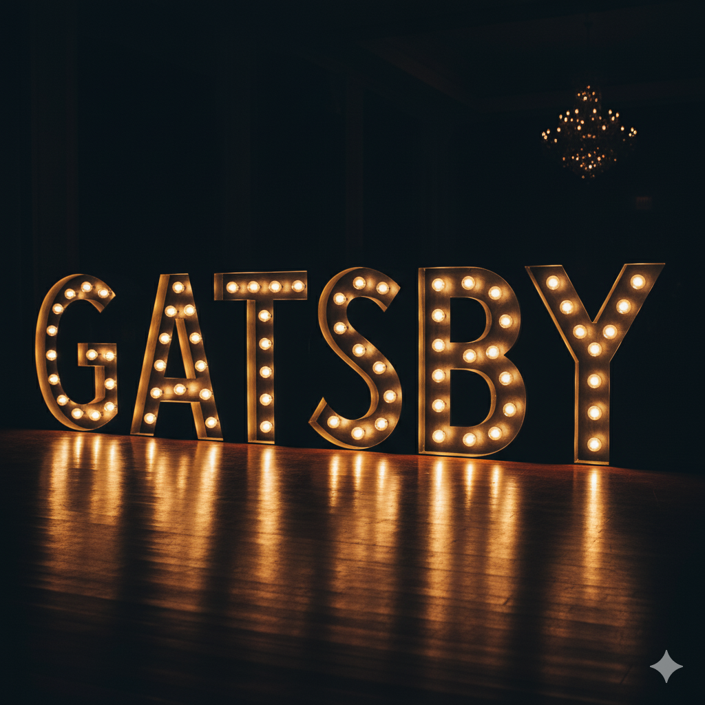 Letras luminosas para eventos noturnos em estilo Art Deco a dizer "GATSBY", ideais para decoração de festa temática dos anos 20 ou evento de luxo.