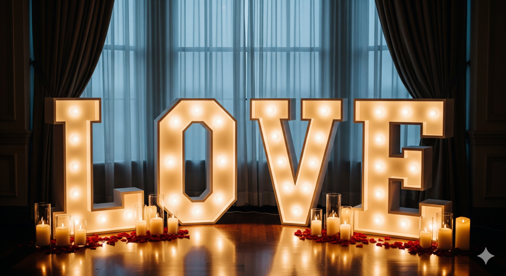 Letras grandes de poliestireno iluminadas a dizer "LOVE" num ambiente romântico com velas, perfeitas para aluguer de letras para casamento.