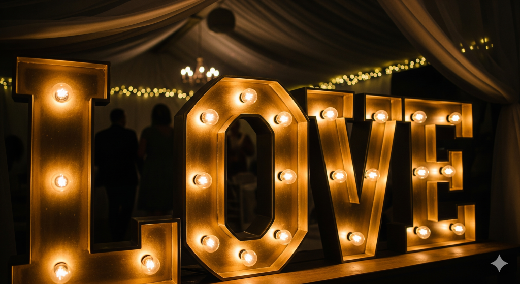 Letras luminosas com luz quente a formar a palavra "LOVE" num ambiente de evento noturno, criando uma atmosfera romântica e acolhedora.