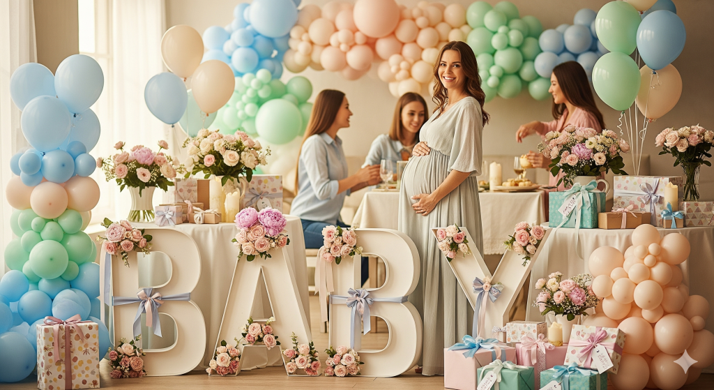 Grávida feliz em festa de baby shower com letras para baby showers e gender reveals "BABY" decoradas, rodeada de balões e presentes.