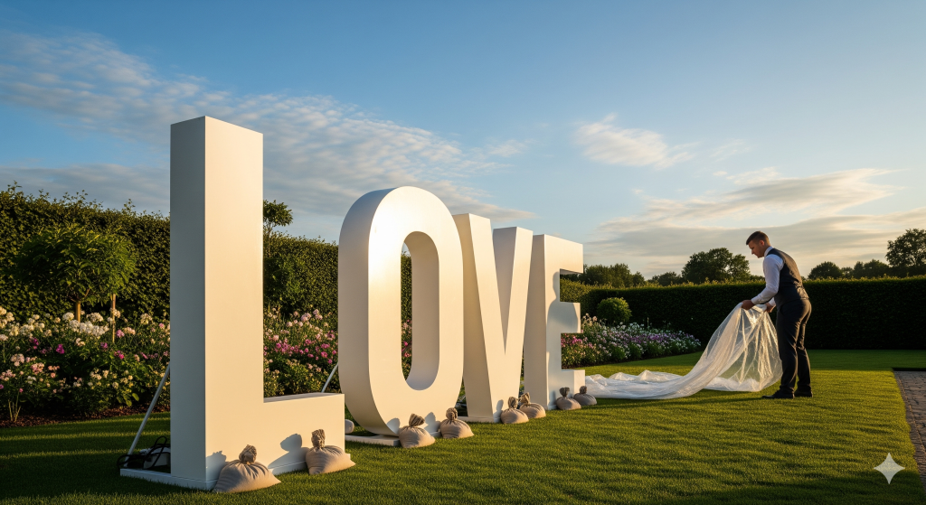 Letras para eventos ao ar livre, formando "LOVE" em jardim, com sacos de areia na base e homem cobrindo-as, ilustrando proteção contra intempéries.