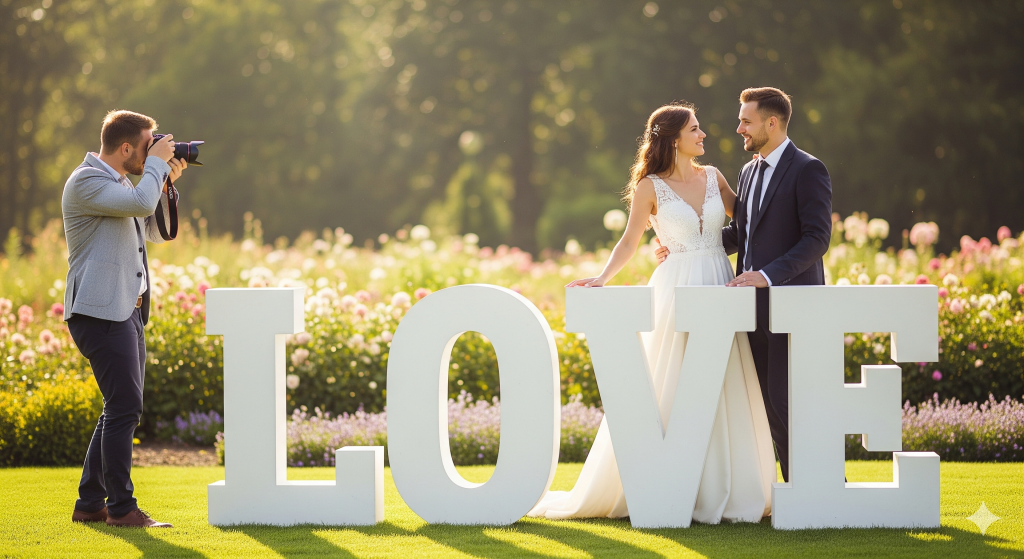 Sessão de fotos de casamento com as letras XXL para fotógrafos, mostrando um casal a posar com as letras "LOVE" num jardim.