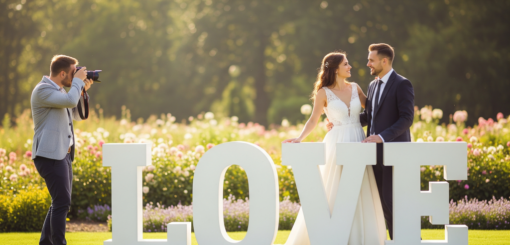 Sessão de fotos de casamento com as letras XXL para fotógrafos, mostrando um casal a posar com as letras "LOVE" num jardim.