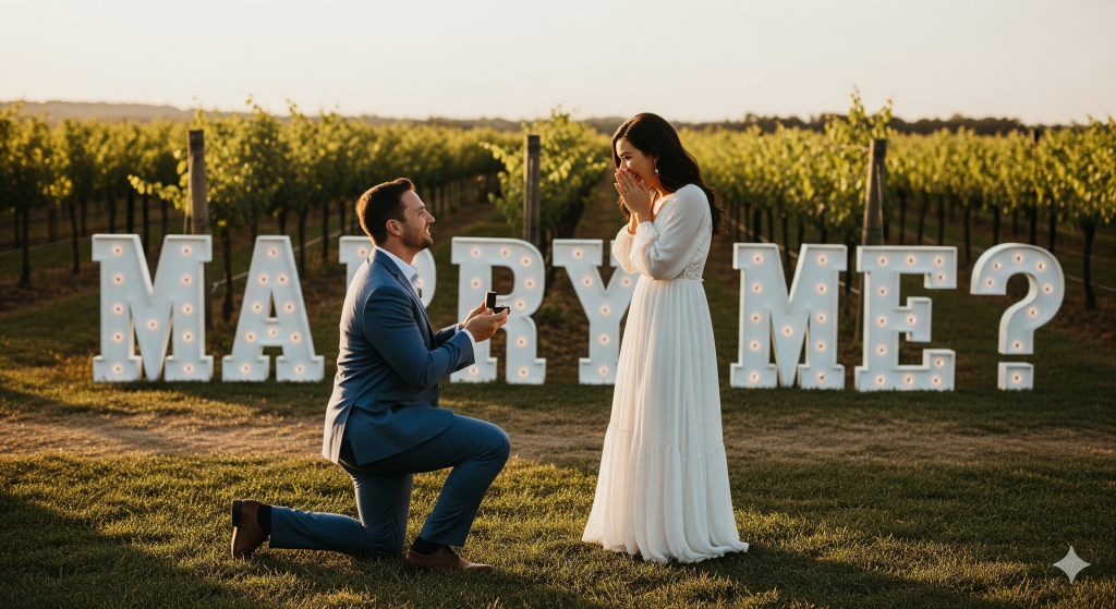 Homem a fazer um pedido de casamento a uma mulher com letras XXL iluminadas a dizer "MARRY ME?" num vinhedo ao pôr do sol, capturando um momento romântico de noivado.