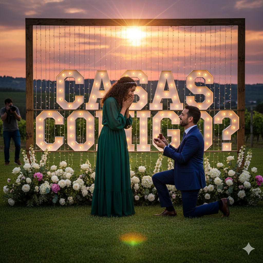 Um homem ajoelhado a fazer um pedido de casamento com anel a uma mulher de vestido verde, com letras luminosas "CASAS COMIGO?" ao pôr do sol.