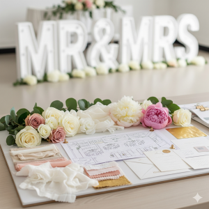 Mesa de planeamento com mood board, flores e letras para wedding planners "MR & MRS" em poliestireno ao fundo.