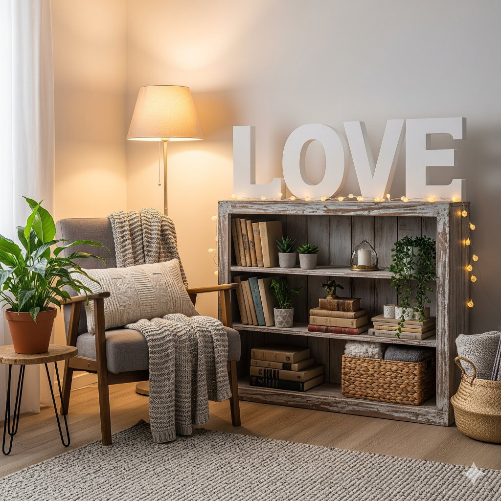 Sala de estar aconchegante com estante decorada e a palavra "LOVE" em letras brancas, representando ideias para reutilizar letras de casamento.