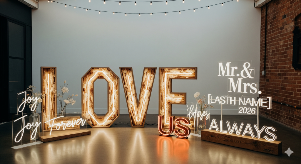 Decoração moderna de casamento com letras luminosas e de madeira, incluindo a palavra "LOVE", iniciais de casal, e mensagens de néon como "Mr & Mrs LAST NAME 2026" e "ALWAYS", mostrando as tendências de letras de casamento para 2026.