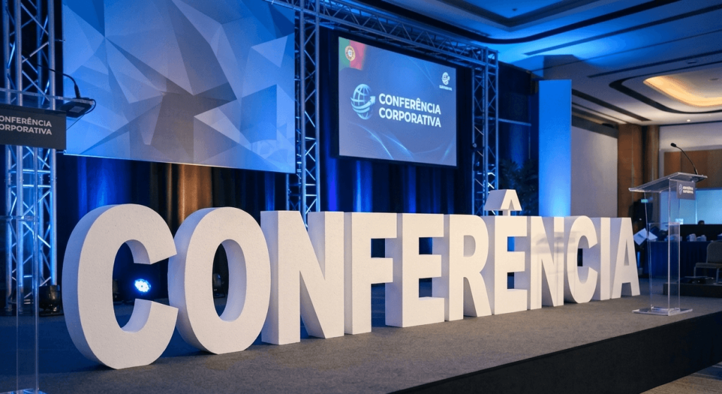 Letras gigantes para eventos em esferovite branco com a palavra "CONFERÊNCIA" no palco de um evento corporativo com luzes azuis.