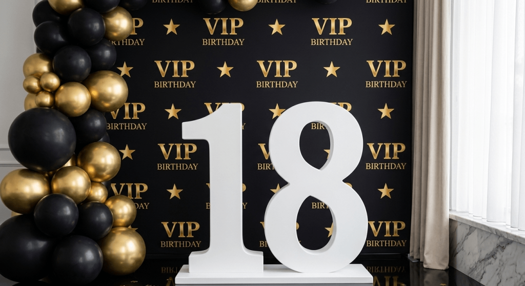 Número 18 gigante de esferovite branco com acabamento liso ao lado de um painel VIP preto e dourado com balões numa festa de aniversário.