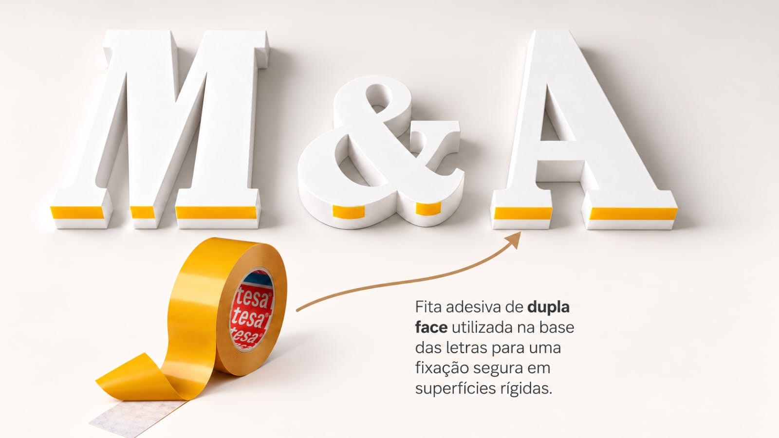 Fixação de letras gigantes num pavimento liso utilizando fita adesiva de dupla face