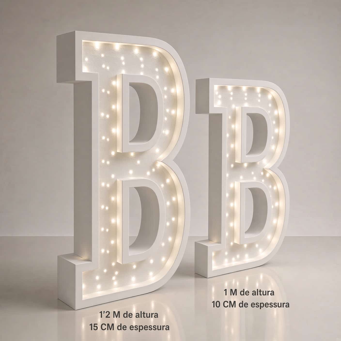 Comparação visual das medidas e espessuras de letras luminosas gigantes